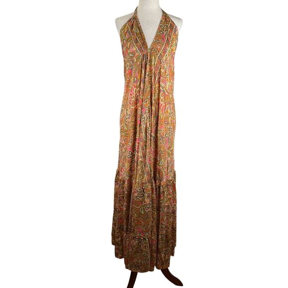 Andes Imports Bohemian Paisley Maxi Halter Dress Tassels Multicolor Size M